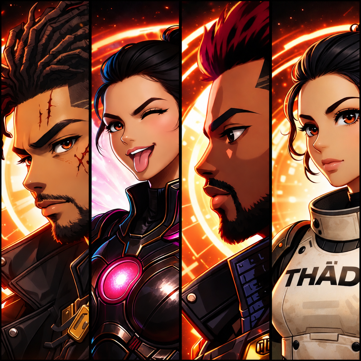 The T.H.A.D. crew: Orion, Nyra, Kael and Nova, from left to right